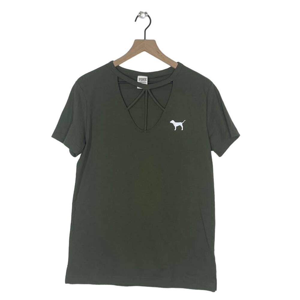 PINK‎ Victoria's Secret Logo Open Neck Olive Green Shirt Top Women's XS